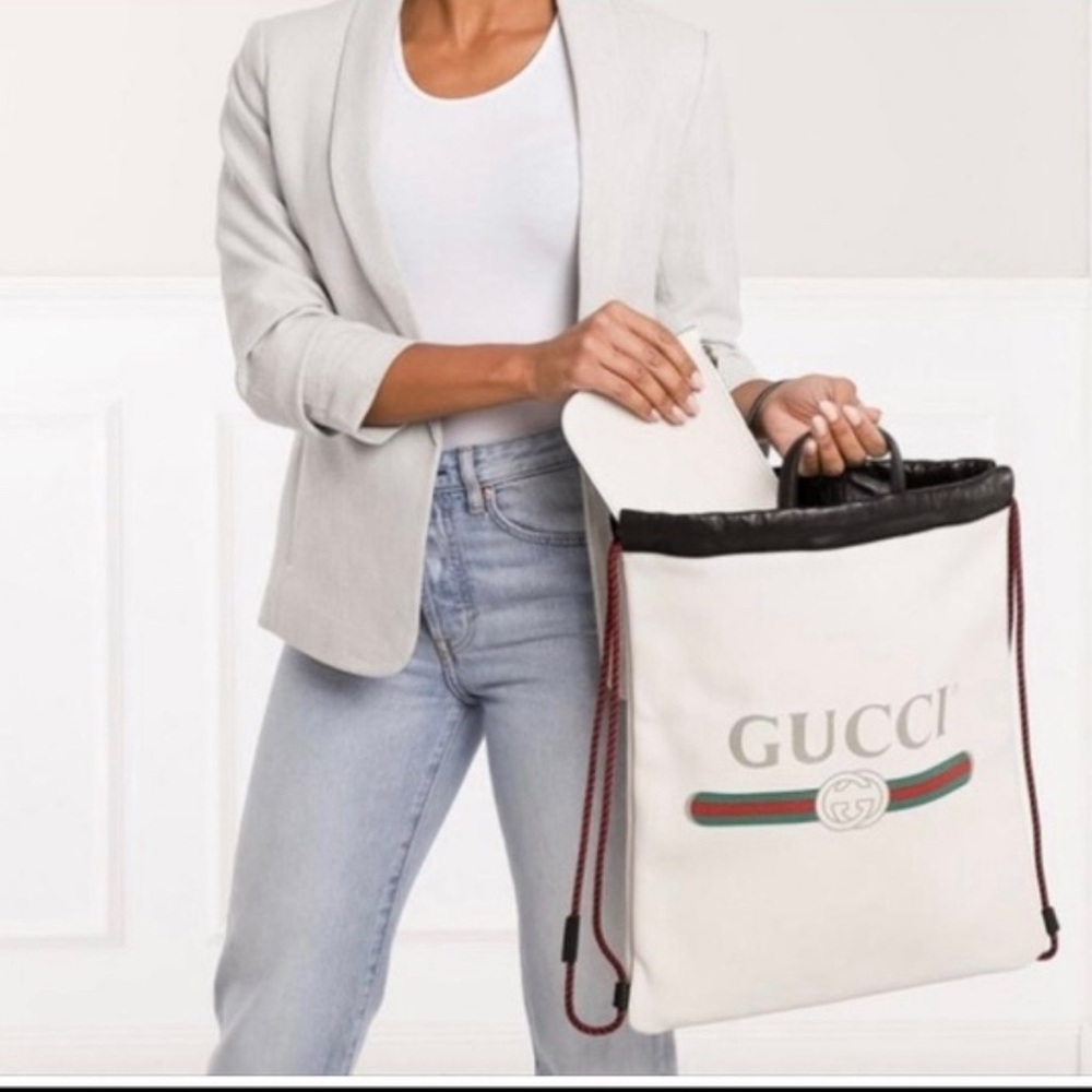 Calfskin Logo Drawstring Backpack. Mystic White